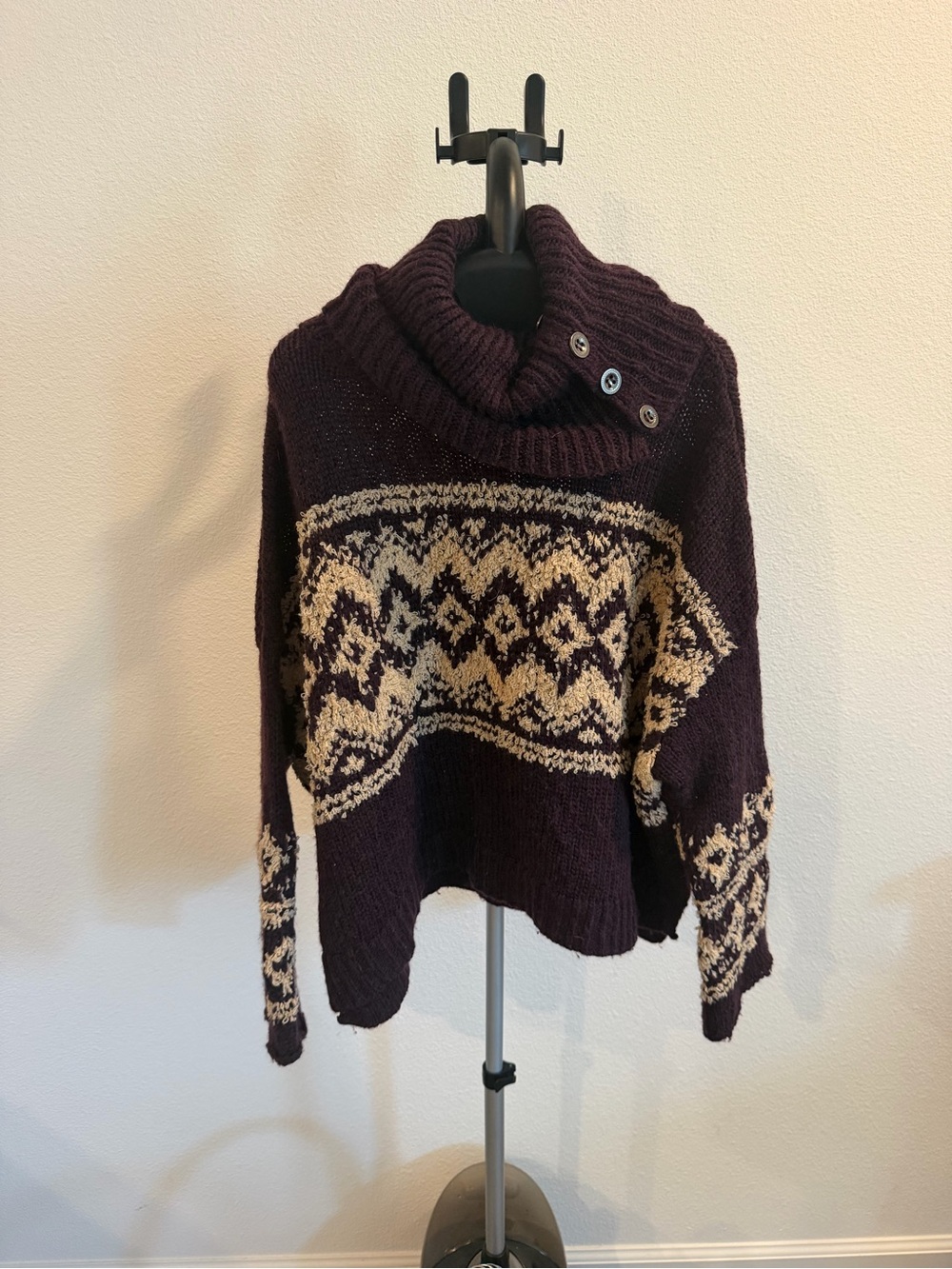 Free People Plum and Cream Fair Isle Button-Shoulder Turtleneck Sweater